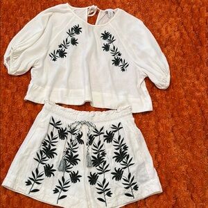 House of Harlow 1960 White and Green Embroidered Palm cropped Top and Shorts Set